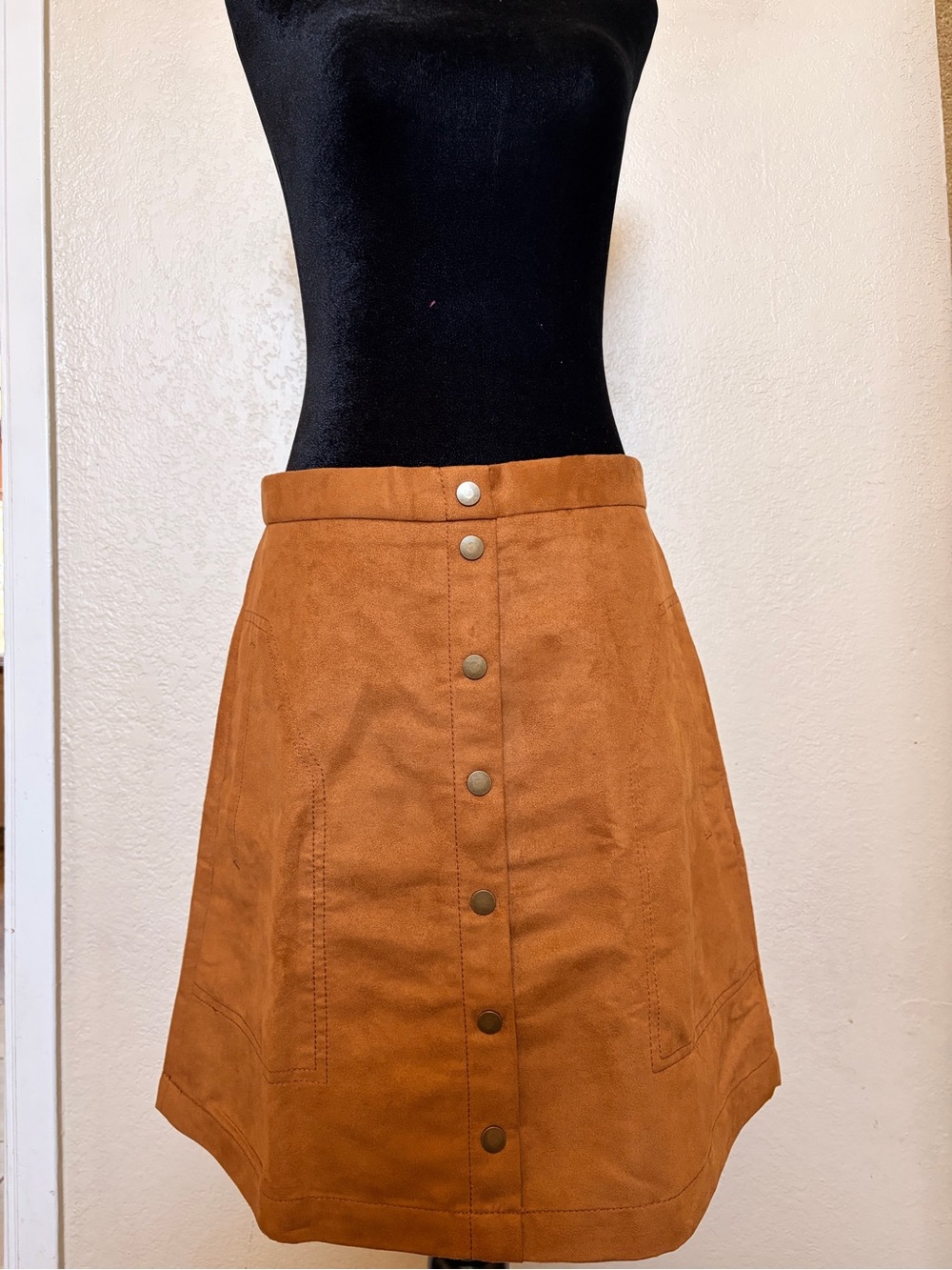 H&M Button-Front A-Line Skirt in Cognac Brown Faux Suede